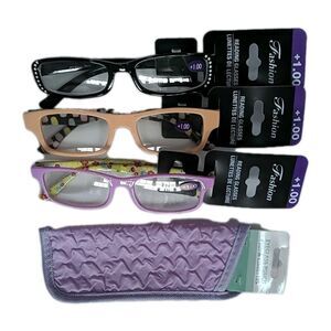 NEW Fashion Readers Set (3) Eyeglass Pouch Modern Designs +1.00 Reading Glasses